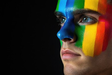 Poster - A person wearing colorful makeup, with a rainbow design on their face
