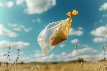 Poster - A person holds a plastic bag amidst a natural environment, suitable for scenes where waste management is being addressed or environmental concerns are raised
