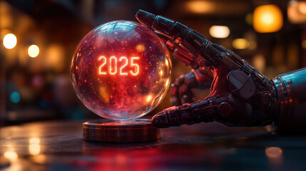 Poster - Futuristic Robotic Arm Holding Glowing 2025 Crystal Ball on High-Tech Table
