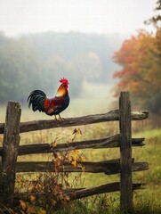 Poster - Colorful rooster perches on a rustic wooden fence in a serene countryside setting during early morning light. Generative AI