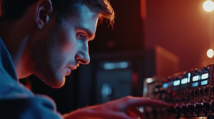 Poster - a person works at night with minimal lighting, illuminated only by the glow of a computer screen
