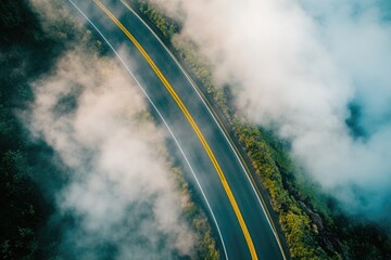 Poster - Aerial view of a serpentine road surrounded by lush greenery, ideal for landscape or travel photography