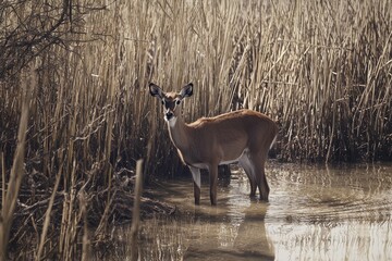 Wall Mural - A serene image of a waterbuck standing in shallow water, surrounded by reeds. 