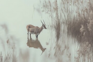 Wall Mural - A serene image of a waterbuck standing in shallow water, surrounded by reeds. 