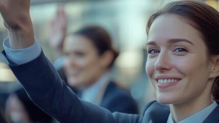 Poster - A professional woman in a business suit gestures with her hand, conveying confidence and authority