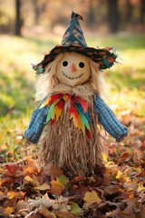 Wall Mural - A creepy scare doll sits amidst fallen leaves in a field