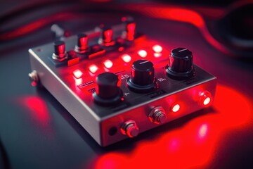 Poster - Close-up shot of an electronic device with bright red lights, suitable for technology or innovation concept images