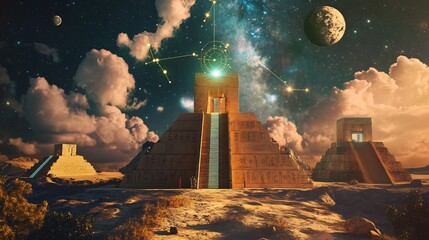 Wall Mural - Ancient astronomy tools aligned celestial bodies reflecting the sophisticated understanding of the cosmos by early civilizations