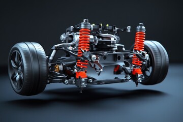 Poster - A close-up view of a car's suspension system, suitable for automotive or mechanical illustrations
