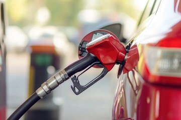 Aufkleber - A classic red car parked at a gas station pump with a yellow nozzle and a sign reading 'Fuel' in the background