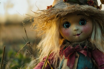 Wall Mural - A close-up view of a doll sitting in a green field, with flowers and grass surrounding it