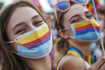 Poster - Group of individuals wearing protective face masks and holding colorful flags, suitable for protests, rallies, or events