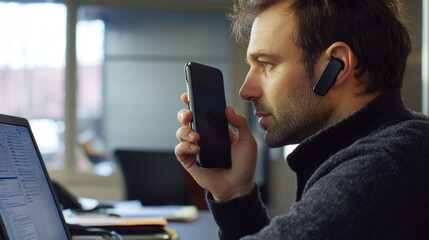 Poster - A person sitting with a laptop and phone, possibly multitasking or researching