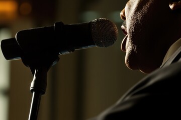 Poster - A person in a business suit sings into a microphone, possibly for a presentation or performance