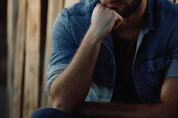 Poster - a person sitting on a wooden bench with contemplative expression, suitable for use in office or stud