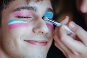 Poster - A person gets their face painted with bright pink and blue stripes, perfect for a festival or party