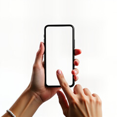Aufkleber - Person holds smartphone with blank screen. Finger taps screen. Modern tech device. Hand touches screen. White background. User interacts. Mobile phone mockup. Template for design. Application
