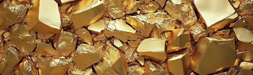 Poster - 3d render of an abstract gold crystal background with faceted texture, captured in a macro panorama, creating a wide panoramic polygonal wallpaper