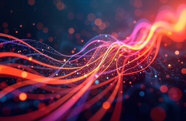Poster - Futuristic abstract image shows dynamic network connections. Colorful lines weave through dark background. Light, glowing particles create sense of speed, tech innovation. Abstract tech lines