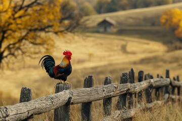 Poster - Rooster perched confidently on a wooden fence in a serene countryside setting during autumn. Generative AI