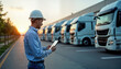 © Pete - Logistics manager checks fleet vehicles location using GPS app. Manager stands on road in front of many parked trucks. Monitors trucks real-time locations for effective supply chain management. Image