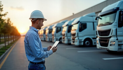 logistics manager checks fleet vehicles location using gps app. manager stands on road in front of m