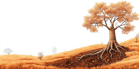 Canvas Print - Majestic Tree with Exposed Roots on Vibrant Autumn Hillside Under Crisp Sky - Striking Landscape Photography for Nature Enthusiasts and Art Lovers