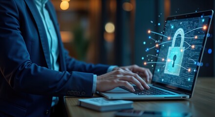 Leinwandbilder - Businessman logs into notebook. Types password in dark office. Digital lock tech shows on laptop screen. Safety, tech concept for security in cyberspace. Data protection secured by code. Focus on