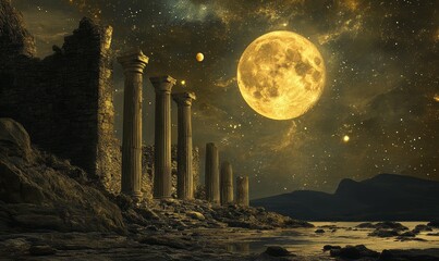 Wall Mural - ancient ruins underneath a golden moon and starry sky