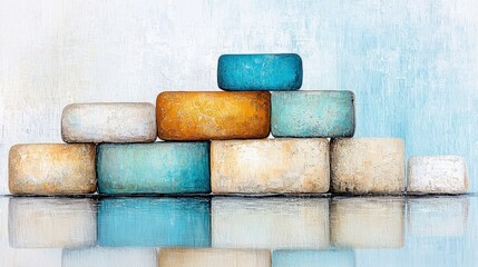 Poster - Colorful Stacked Stones on a Calm Surface with a Soft Blue Background and Textured Appearance in Art