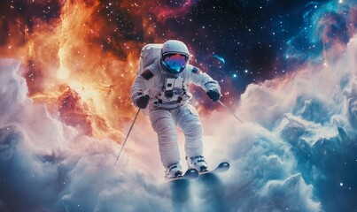 Wall Mural - astronaut skiing through a cosmic nebula landscape