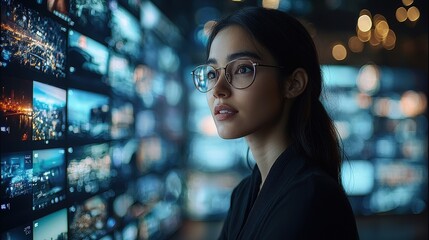 Poster - A woman with glasses observes a wall of digital screens displaying various cityscapes. This image can be used for technology, data analysis, and futuristic concepts.