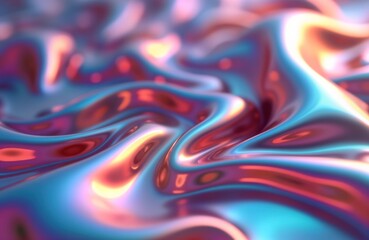 Poster - Abstract iridescent chrome fabric with wavy gradient. Colorful rainbow texture. Shiny metallic holographic material with vibrant colors. Fluid dynamic surface with reflections. Creative design.