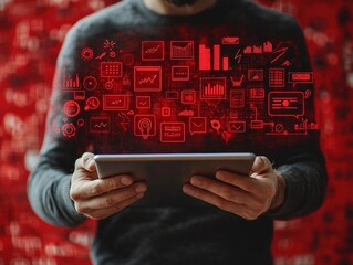 Poster - A person uses a tablet with data analysis icons and charts overlaid. This visualizes using technology for business intelligence and data-driven decision-making.  Applications: Business dashboards mark