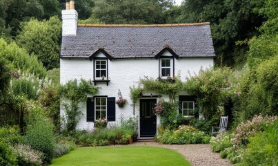 Wall Mural - Charming White Cottage with Black Shutters and Lush Greenery