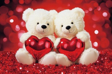 Two adorable teddy bears sit side by side, each holding a shiny red heart, surrounded by sparkling decorations, perfect for expressing love on Valentine's Day