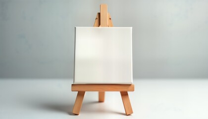 Poster - Miniature wooden easel with blank white canvas sits on light background. Empty canvas ready for art display. Ideal for creative art pieces. Small artistic display perfect presentation element. Pro,