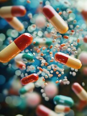 Aufkleber - Pills swarm around bacteria, showcasing advancements in medicine and the battle against infections. Generative AI