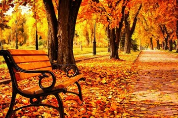 Wall Mural - Autumn Leaves in Park: A tranquil park scene with trees in vibrant fall colors, leaves scattered on the ground, and a lone bench