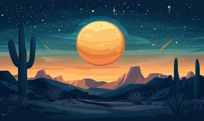 Wall Mural - Desert Landscape Underneath A Giant Moon And Stars