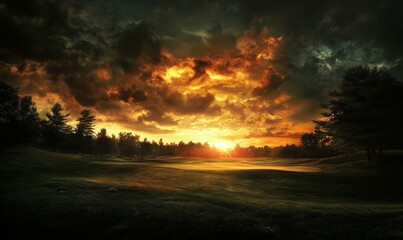 Sticker - Dramatic Sunset Over Golf Course Fairway And Trees