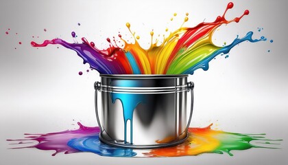 Poster - vivid rainbow paint splash from shiny silver bucket onto white background explosion of color and tex