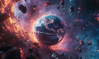 Wall Mural - fiery planet earth amidst cosmic debris and stars
