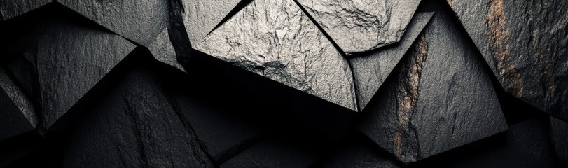 Poster - Abstract black crystal background with 3d render, faceted texture, macro panorama, and wide panoramic polygonal wallpaper