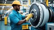 © evgenia_lo - A dedicated factory worker cleans and inspects a large industrial motor in a well-lit environment