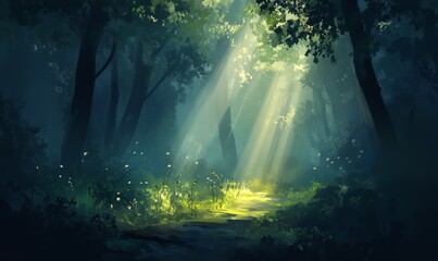 Wall Mural - Forest with a light shining through the trees, illuminated, serene, beams