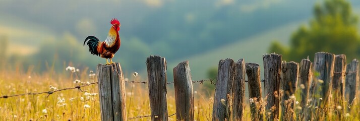 Poster - Colorful rooster perched on a rustic wooden fence in a serene countryside landscape at dawn. Generative AI