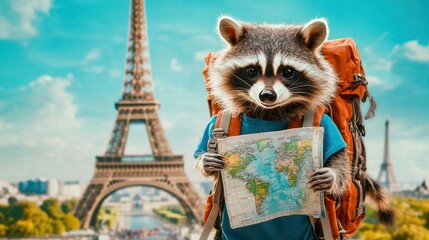 Poster - Raccoon with a map explores famous landmarks around the world on a travel adventure. Generative AI