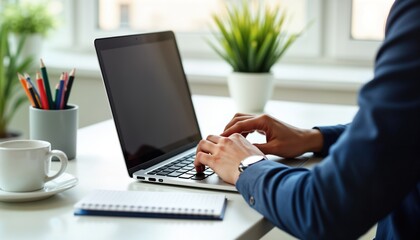 Aufkleber - Man sits at white home office desk working on laptop. Comfortable setup. Modern tech tools. Business freelancer lifestyle. Focus on planning projects. Potted plant, coffee on desk. Contemporary
