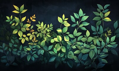 Wall Mural - Green foliage against a dark background with warm highlights, bold contrast, beautiful plants